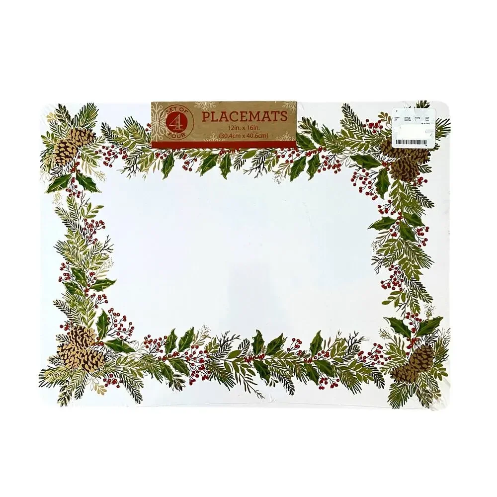 Christmas Cork Backed Hard Placemats Holiday Holly & Pine Garland Set of 4 New